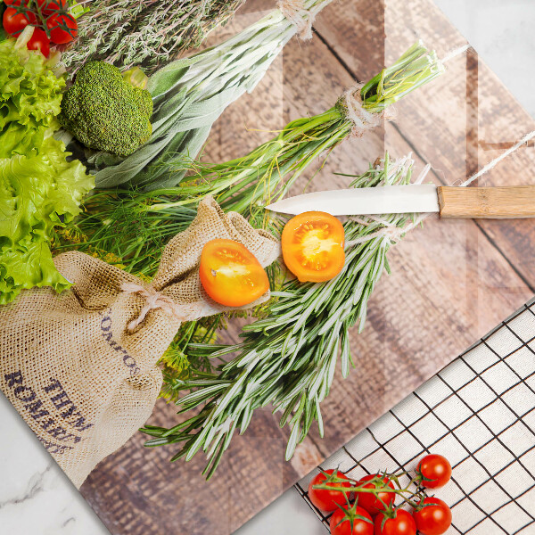 Skleněná deska do kuchyně Byliny koření a dřevo