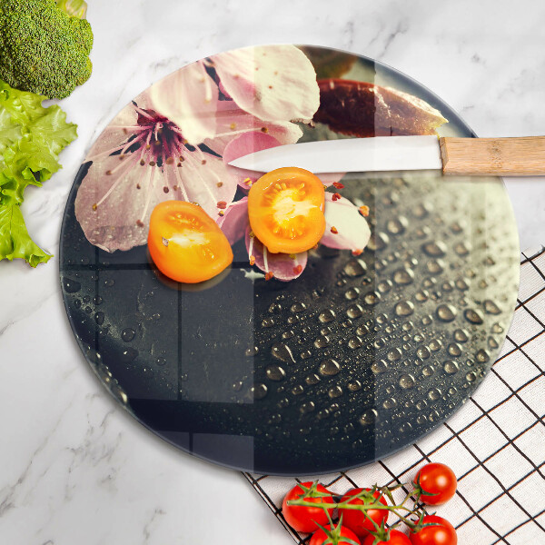 Skleněné krájecí prkénko Květiny zenové kameny