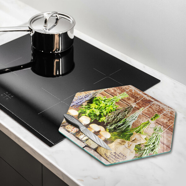 Skleněná deska do kuchyně Byliny koření a dřevo