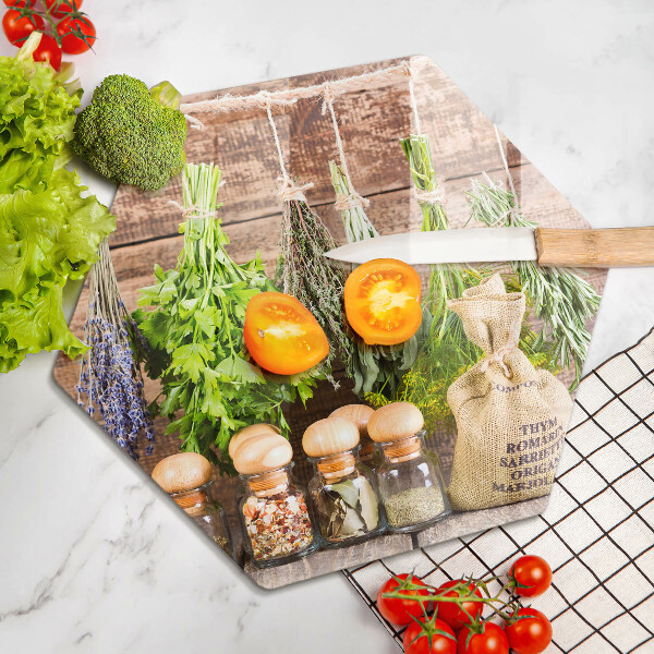 Skleněná deska do kuchyně Byliny koření a dřevo