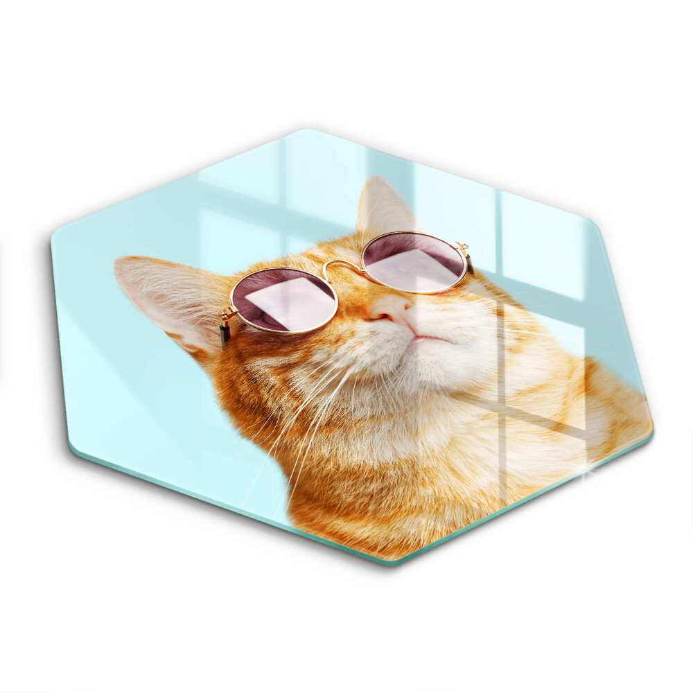 Skleněná krájecí deska Červená kočka s brýlemi