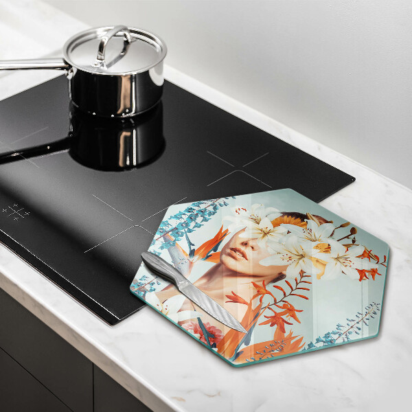 Skleněná deska do kuchyně Žena v květinách