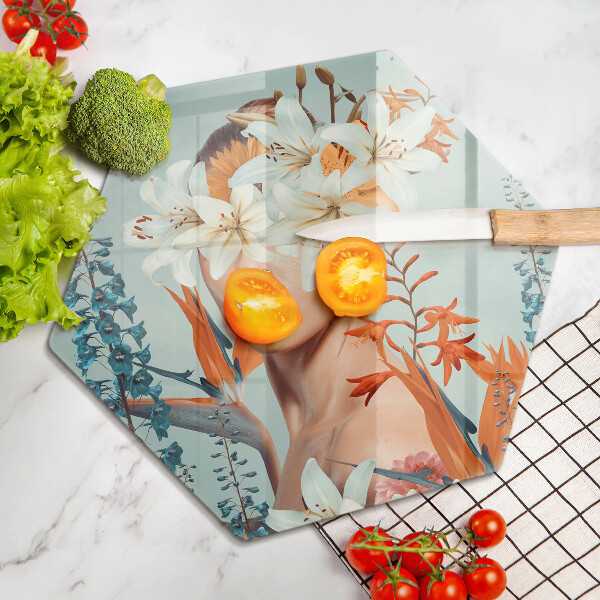 Skleněná deska do kuchyně Žena v květinách