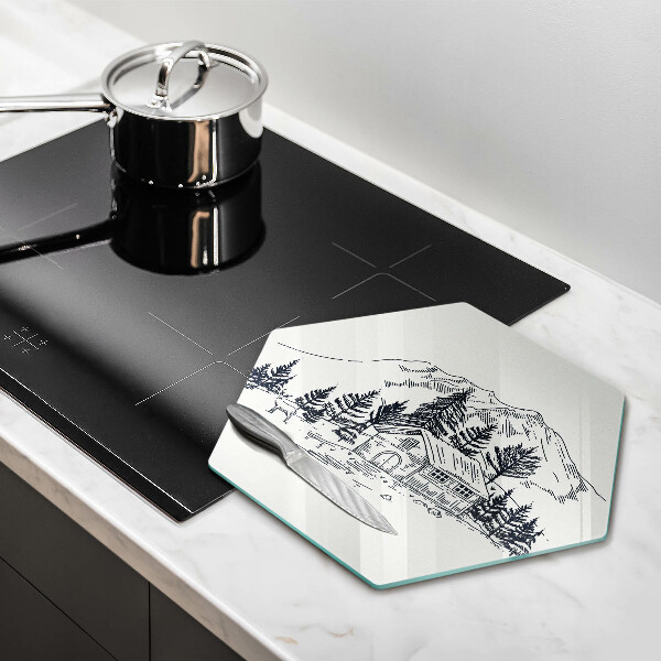 Skleněná deska do kuchyně Kresba chaty v horách