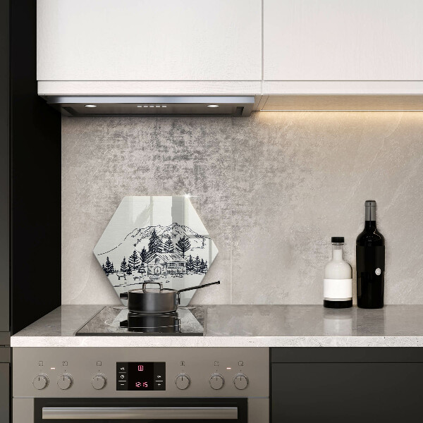 Skleněná deska do kuchyně Kresba chaty v horách