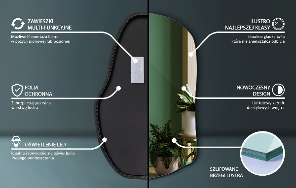 Nepravidelné zrcadlo s led osvětlením unikátní 100x65 cm