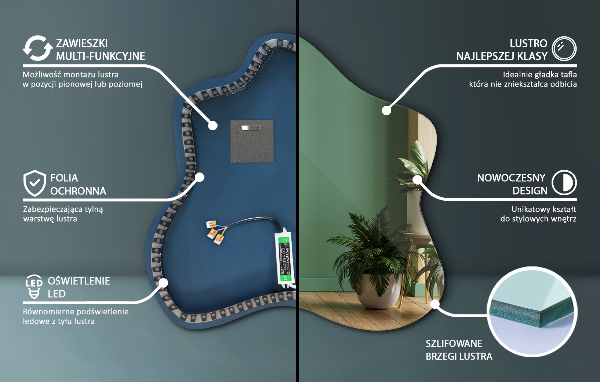 Atypické zrcadlo skvrna s osvětlením 77x77 cm