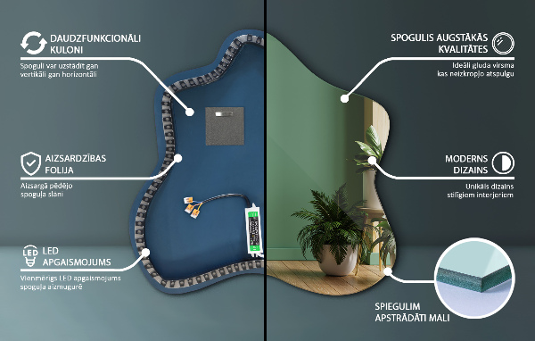 Atypické zrcadlo skvrna s osvětlením 77x77 cm