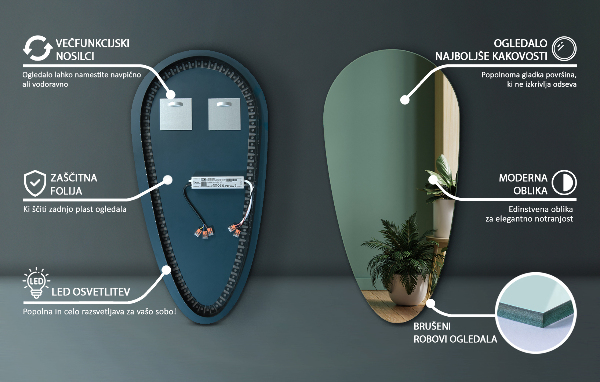 zrcadlo ve tvaru kapky s led 45x90 cm