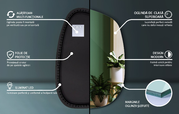 Asymetricke zrcadlo s led podsvícením ve tvaru skvrny 68x47 cm