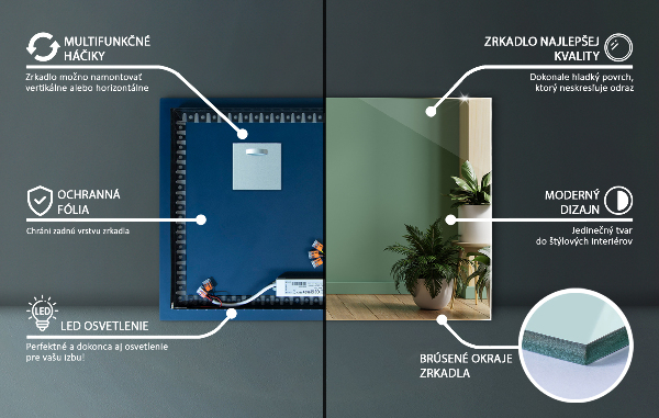 Obdélníkové zrcadlo na zeď s osvětlením 100x70 cm