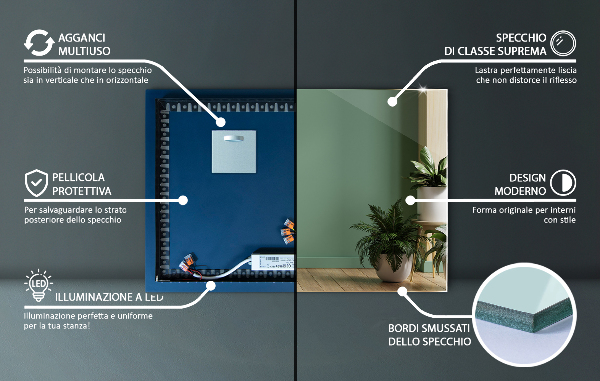 Obdélníkové nástěnné zrcadlo s led 50x50 cm