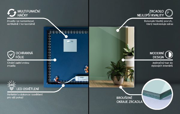 Obdélníkové nástěnné zrcadlo s osvětlením 70x50 cm