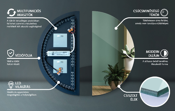 Půlkruhové zrcadlo na zeď s led osvětlením 30x60 cm