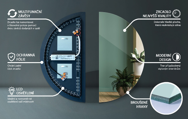 Nástěnné půlkruhové zrcadlo s led 35x70 cm