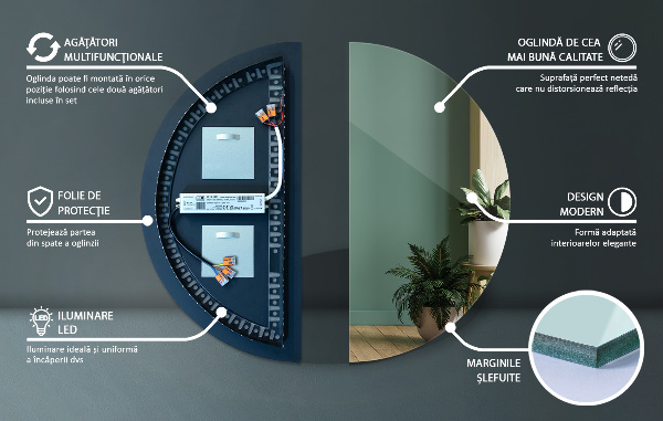 Nástěnné půlkruhové zrcadlo s led 35x70 cm