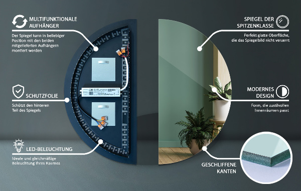 Půlkruhové zrcadlo na zeď s led 50x100 cm