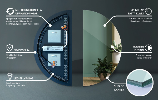 Půlkruhové zrcadlo na zeď s led 50x100 cm