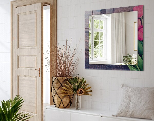 Zrkadlo s potlačeným rámom Růžové tulipány dřevo