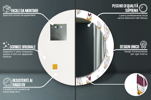 Kulaté dekorační zrcadlo na zeď Peří