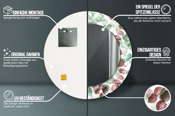 Kulaté zrcadlo rám s potiskem Eukalyptus