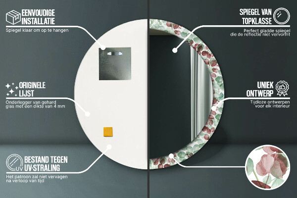 Kulaté zrcadlo rám s potiskem Eukalyptus