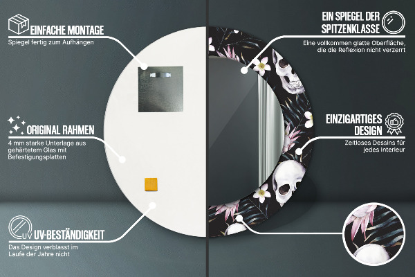 Kulaté dekorační zrcadlo na zeď Květiny lebky