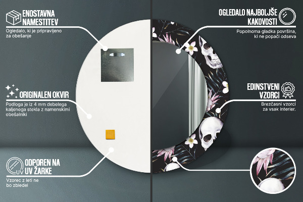 Kulaté dekorační zrcadlo na zeď Květiny lebky