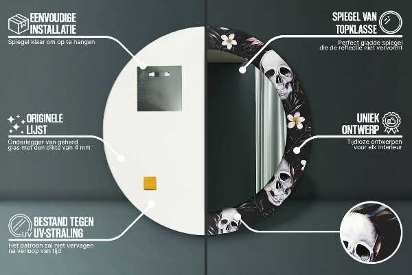 Kulaté dekorační zrcadlo na zeď Květiny lebky