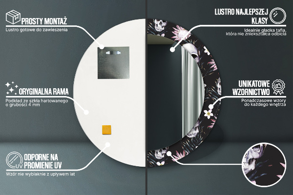 Kulaté dekorační zrcadlo na zeď Květiny lebky