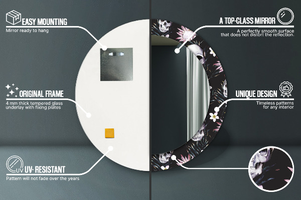 Kulaté dekorační zrcadlo na zeď Květiny lebky