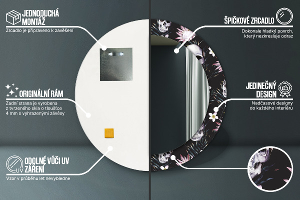 Kulaté dekorační zrcadlo na zeď Květiny lebky