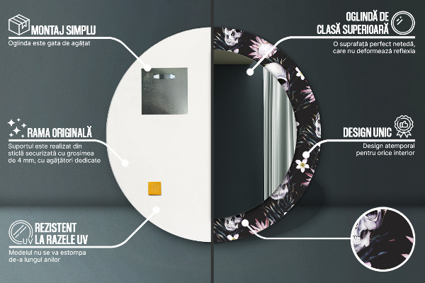 Kulaté dekorační zrcadlo na zeď Květiny lebky