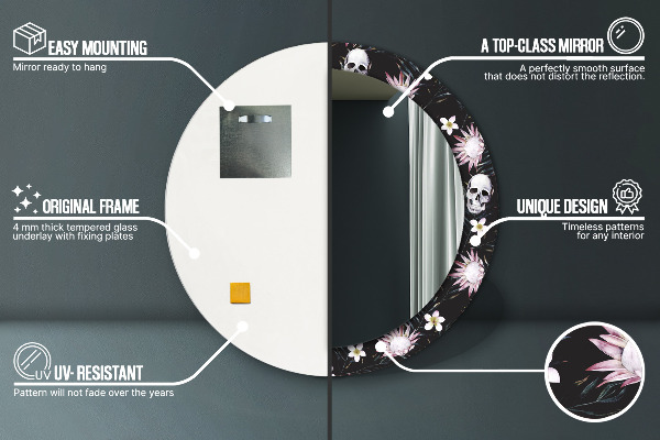 Kulaté dekorační zrcadlo na zeď Květiny lebky