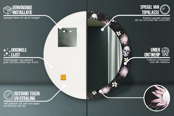 Kulaté dekorační zrcadlo na zeď Květiny lebky