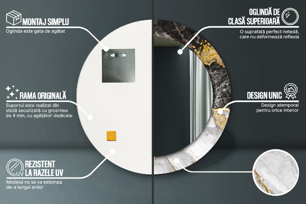 Kulaté zrcadlo rám s potiskem Mramor a zlato