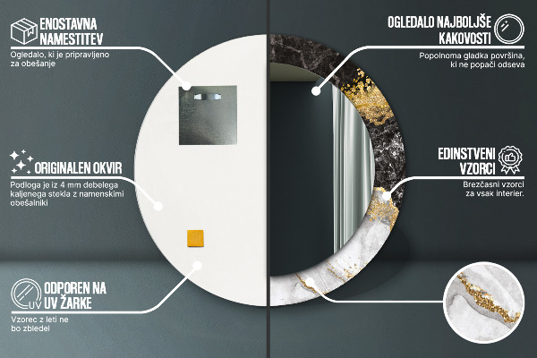 Kulaté zrcadlo rám s potiskem Mramor a zlato