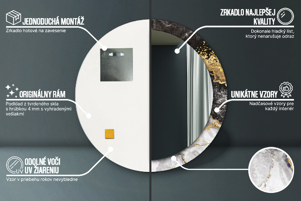 Kulaté zrcadlo rám s potiskem Mramor a zlato