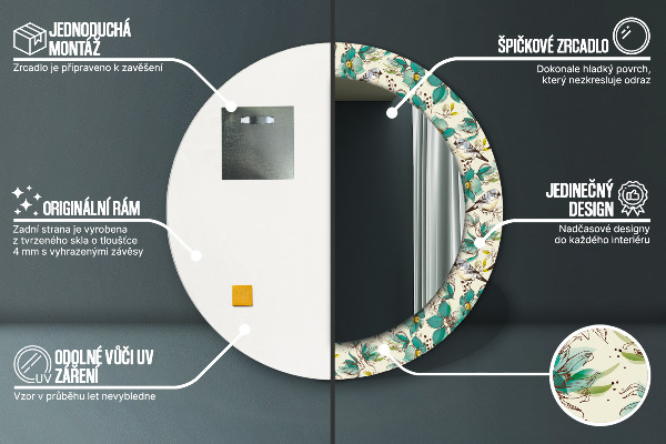 Kulaté zrcadlo s potiskem Květiny a ptáci