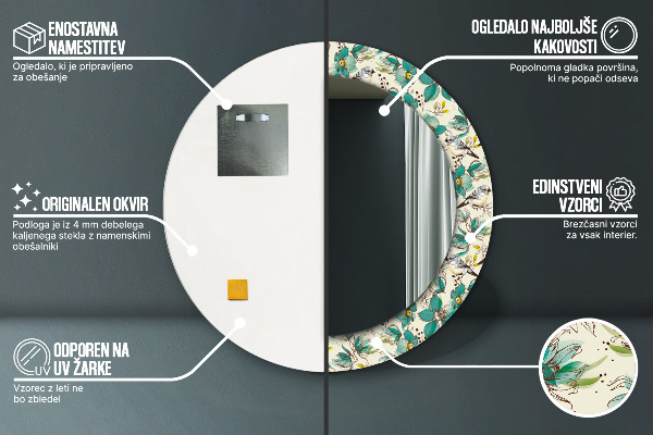 Kulaté zrcadlo s potiskem Květiny a ptáci