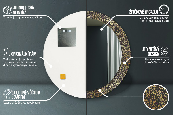 Kulaté zrcadlo rám s potiskem Zlaté ozdoby