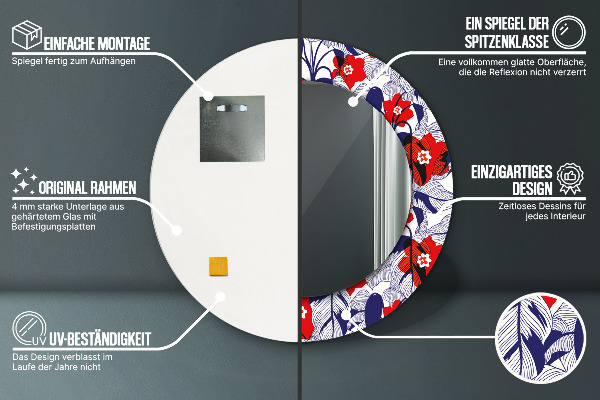 Kulaté zrcadlo rám s potiskem Filodendron a červené květy