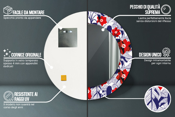 Kulaté zrcadlo rám s potiskem Filodendron a červené květy