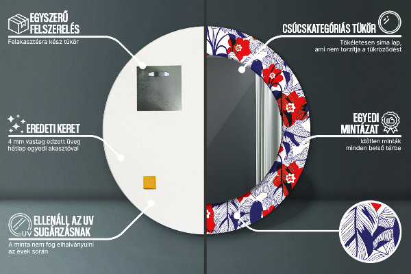 Kulaté zrcadlo rám s potiskem Filodendron a červené květy