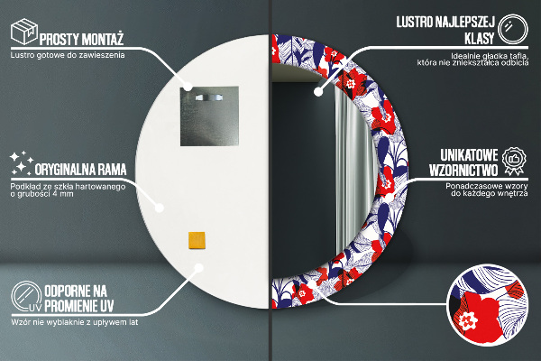 Kulaté zrcadlo rám s potiskem Filodendron a červené květy