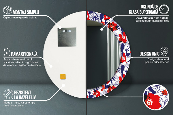 Kulaté zrcadlo rám s potiskem Filodendron a červené květy