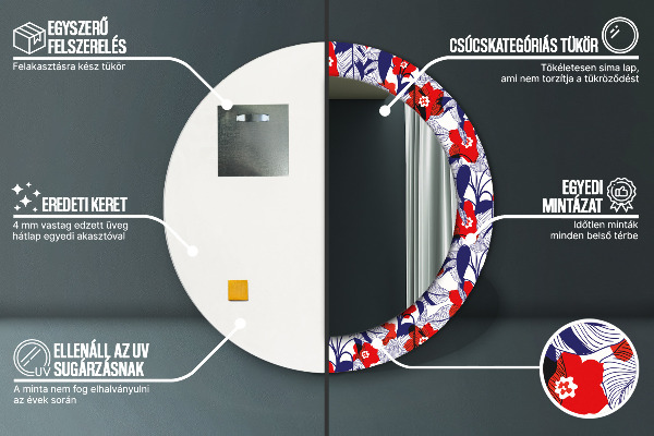 Kulaté zrcadlo rám s potiskem Filodendron a červené květy