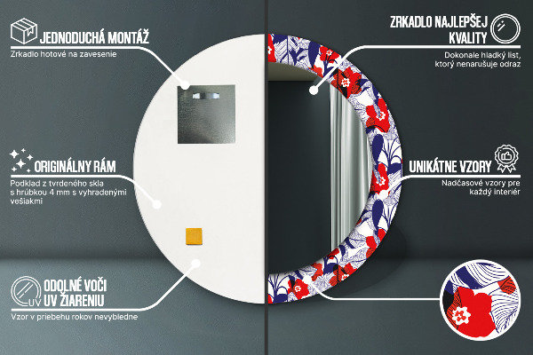 Kulaté zrcadlo rám s potiskem Filodendron a červené květy