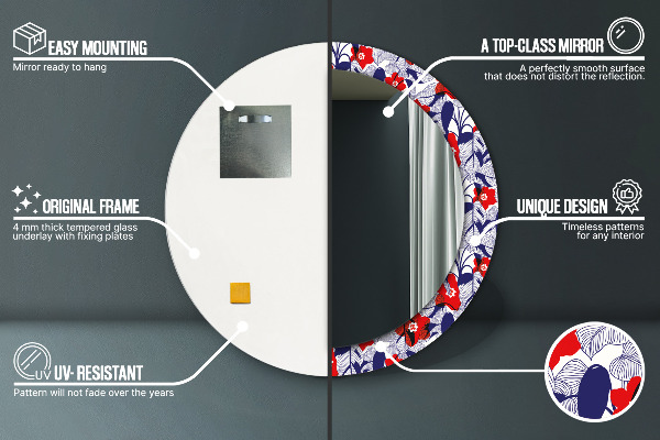 Kulaté zrcadlo rám s potiskem Filodendron a červené květy