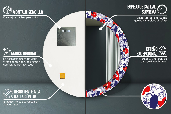 Kulaté zrcadlo rám s potiskem Filodendron a červené květy